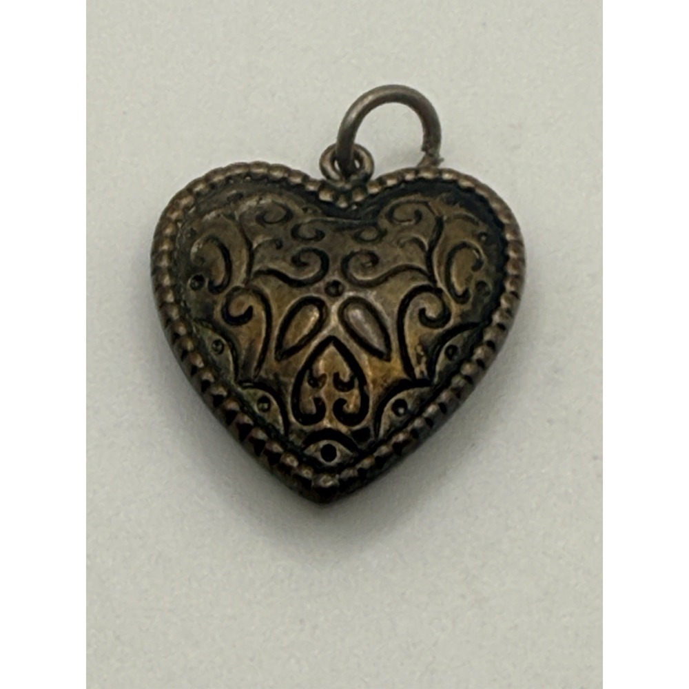 Bronze Tone Puffy Heart Pendant Etched Minimalist Cottagecore
